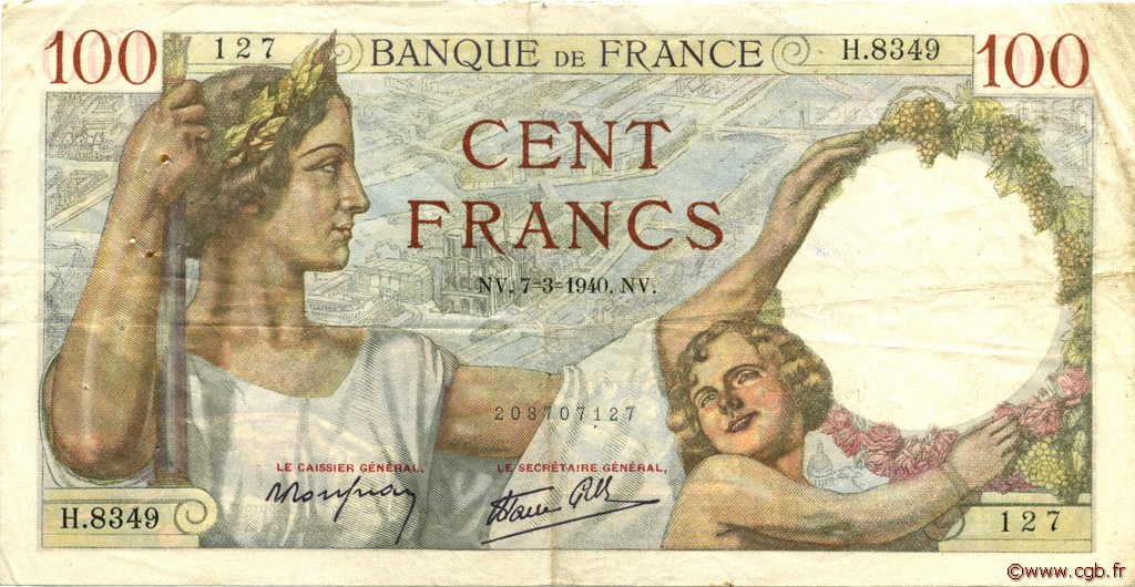 100 Francs SULLY FRANCE  1940 F.26.24 VF