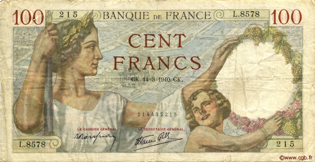 100 Francs SULLY FRANKREICH  1940 F.26.25 S