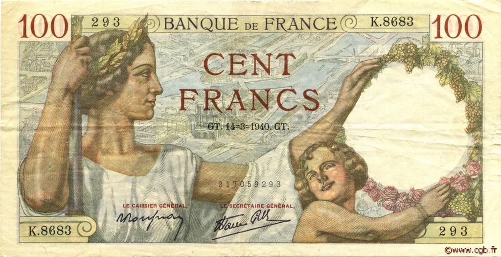 100 Francs SULLY FRANCE  1940 F.26.25 VF