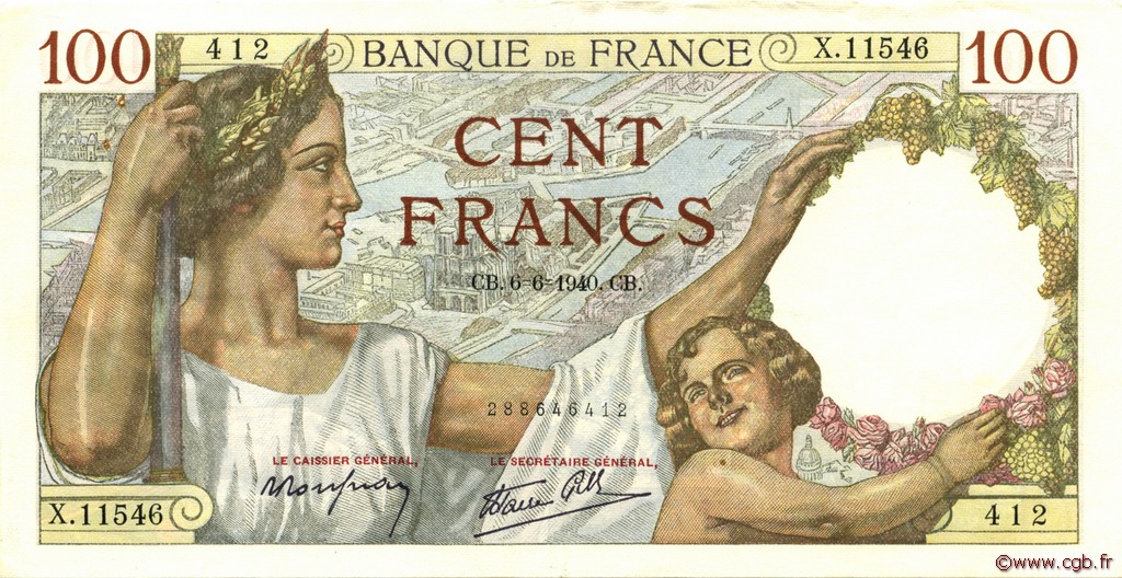 100 Francs SULLY FRANCE  1940 F.26.31 XF