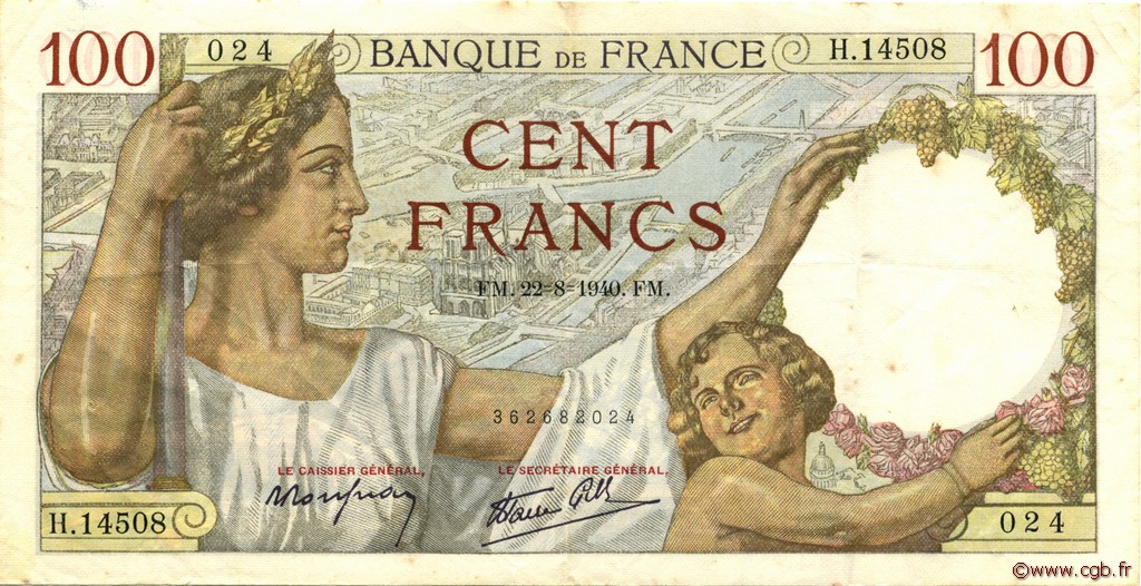 100 Francs SULLY FRANCE  1940 F.26.37 VF+