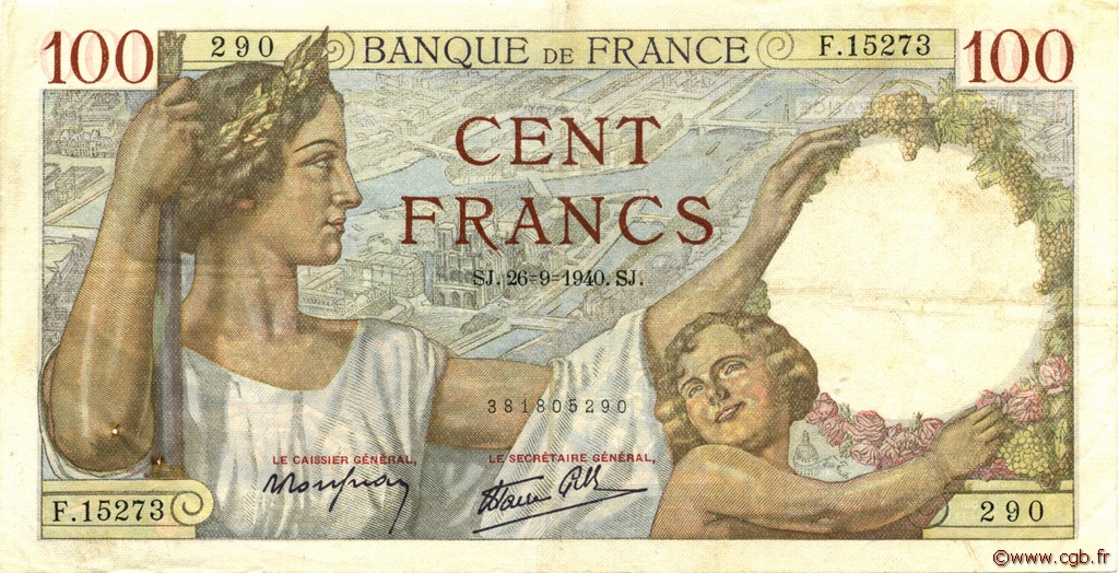 100 Francs SULLY FRANCE  1940 F.26.38 VF+