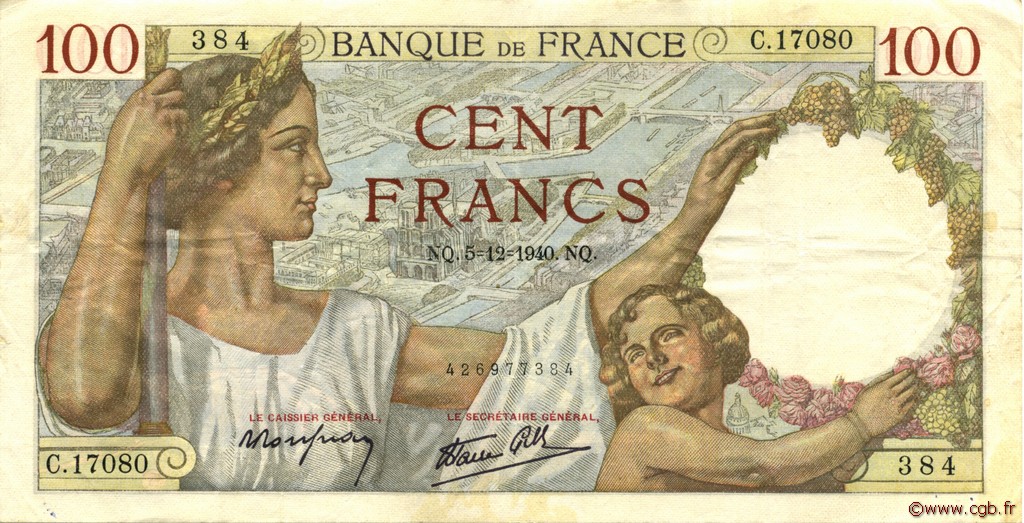 100 Francs SULLY FRANKREICH  1940 F.26.42 fVZ