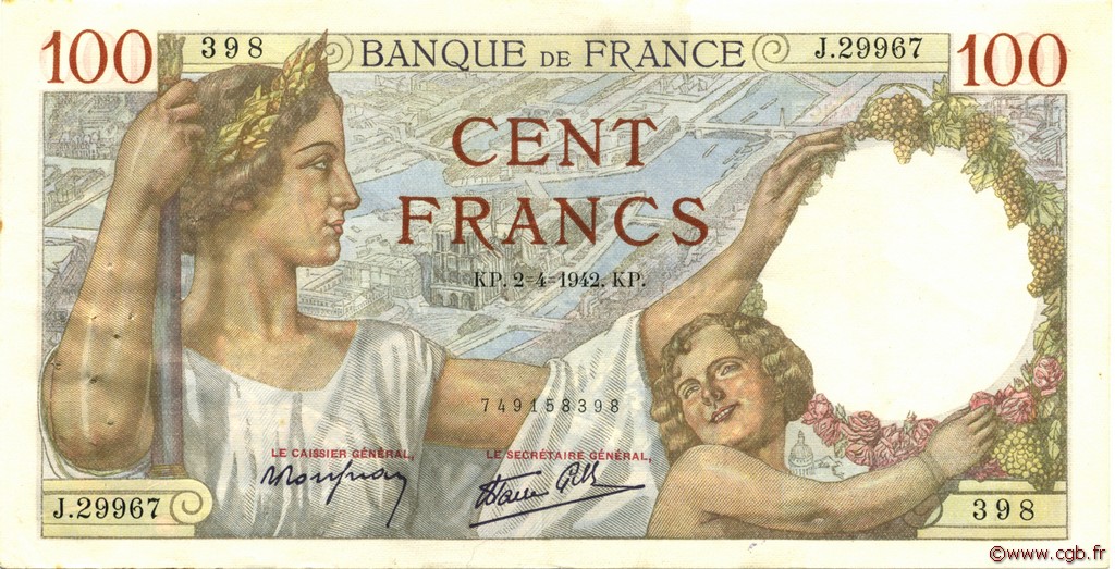 100 Francs SULLY FRANCE  1942 F.26.69 VF+
