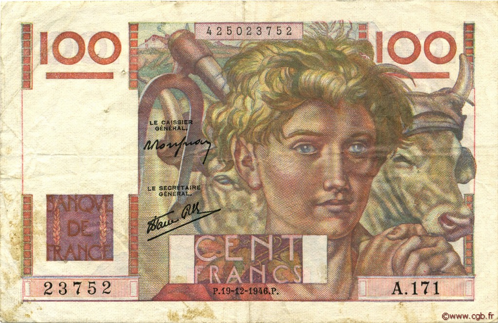 100 Francs JEUNE PAYSAN FRANKREICH  1946 F.28.12 SS