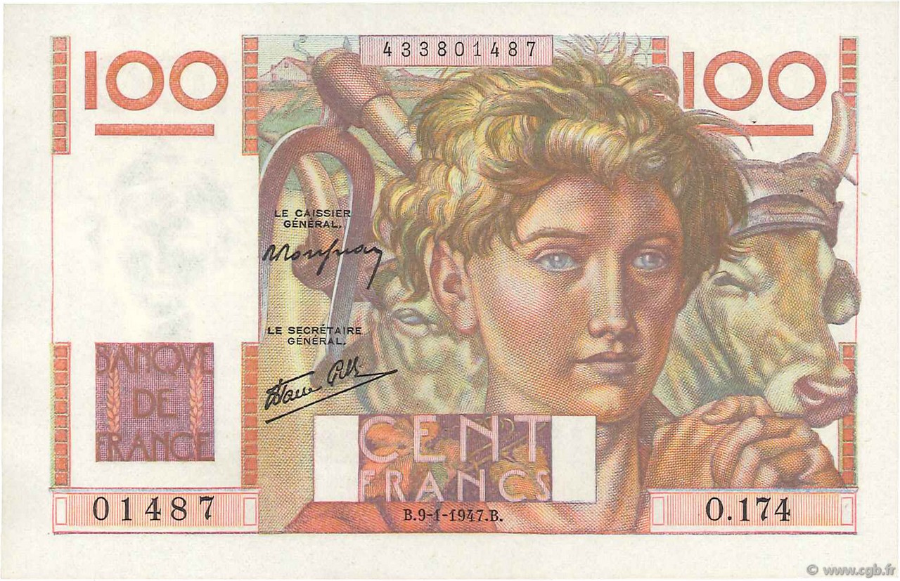 100 Francs JEUNE PAYSAN FRANCE  1947 F.28.13 AU-