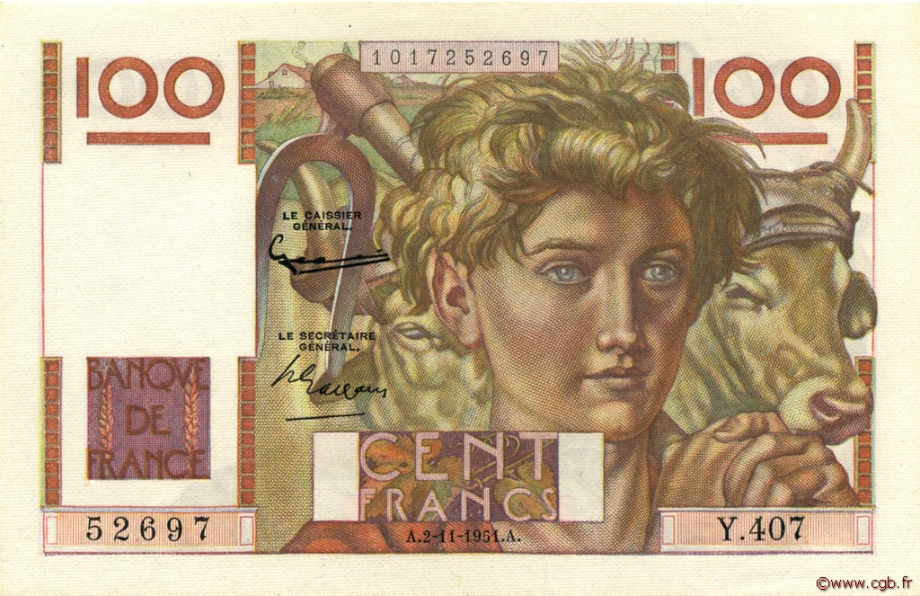 100 Francs JEUNE PAYSAN FRANCE  1951 F.28.30 UNC