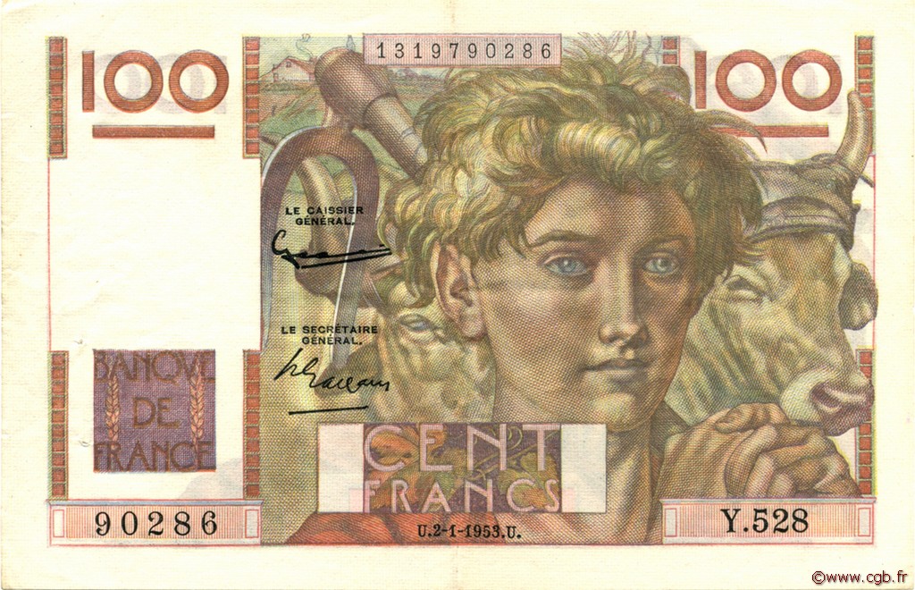 100 Francs JEUNE PAYSAN FRANCE  1953 F.28.35 XF-