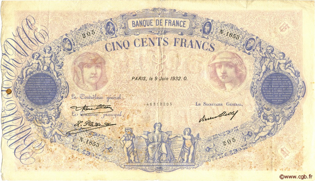 500 Francs BLEU ET ROSE FRANCE  1932 F.30.35 F - VF