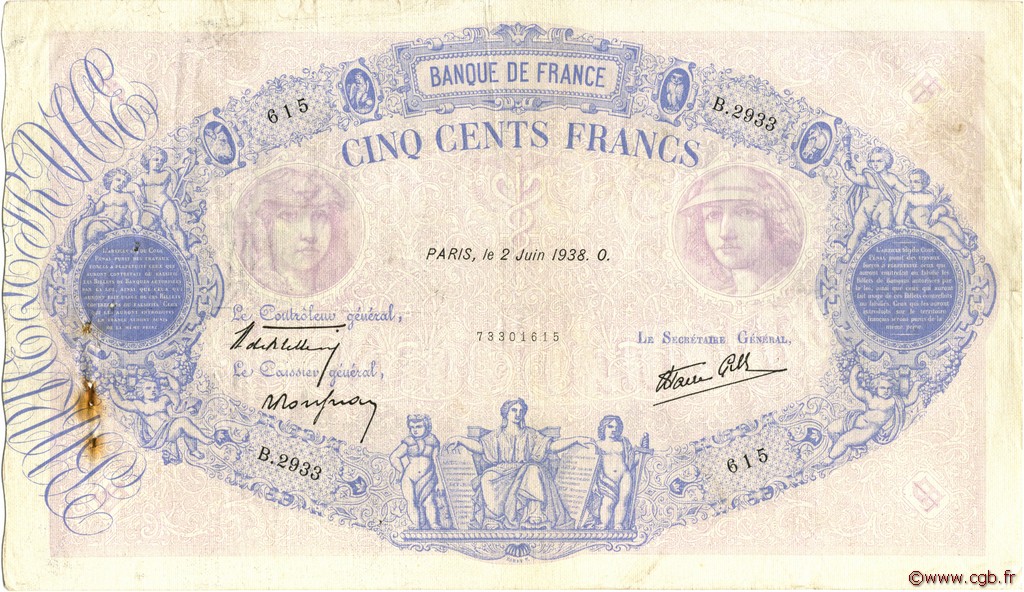 500 Francs BLEU ET ROSE modifié FRANKREICH  1938 F.31.13 fSS