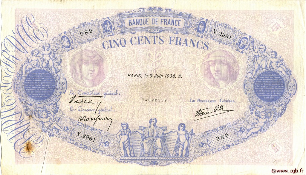 500 Francs BLEU ET ROSE modifié FRANCE  1938 F.31.14 VF