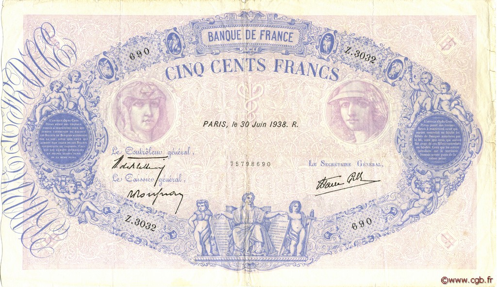 500 Francs BLEU ET ROSE modifié FRANCIA  1938 F.31.17 BB