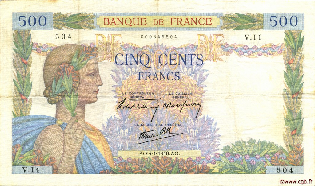 500 Francs LA PAIX FRANCE  1940 F.32.01 VF+
