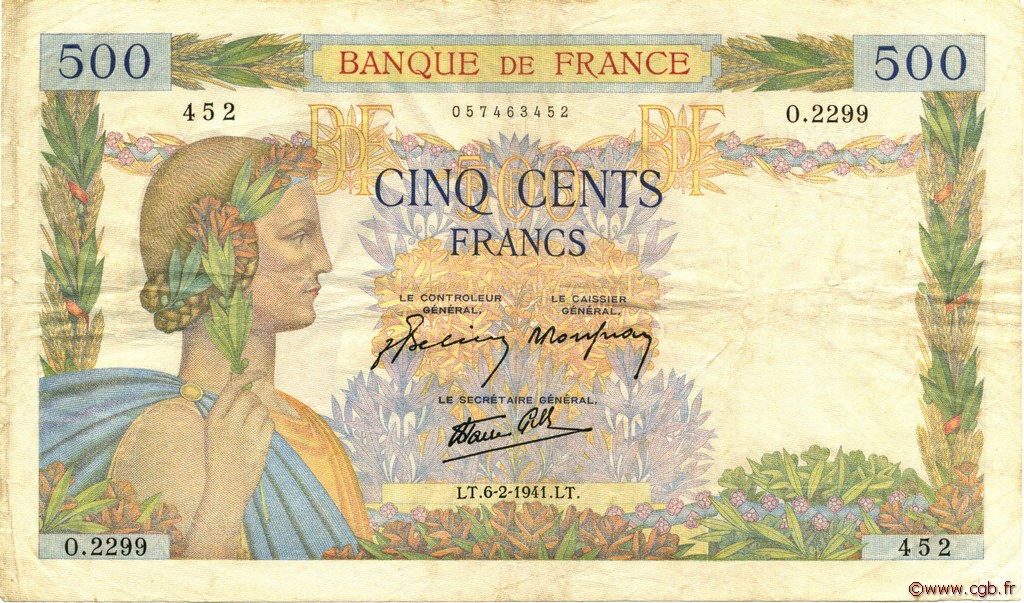 500 Francs LA PAIX FRANCE  1941 F.32.14 VF