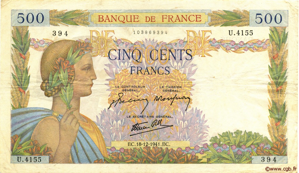 500 Francs LA PAIX FRANCIA  1941 F.32.25 BB