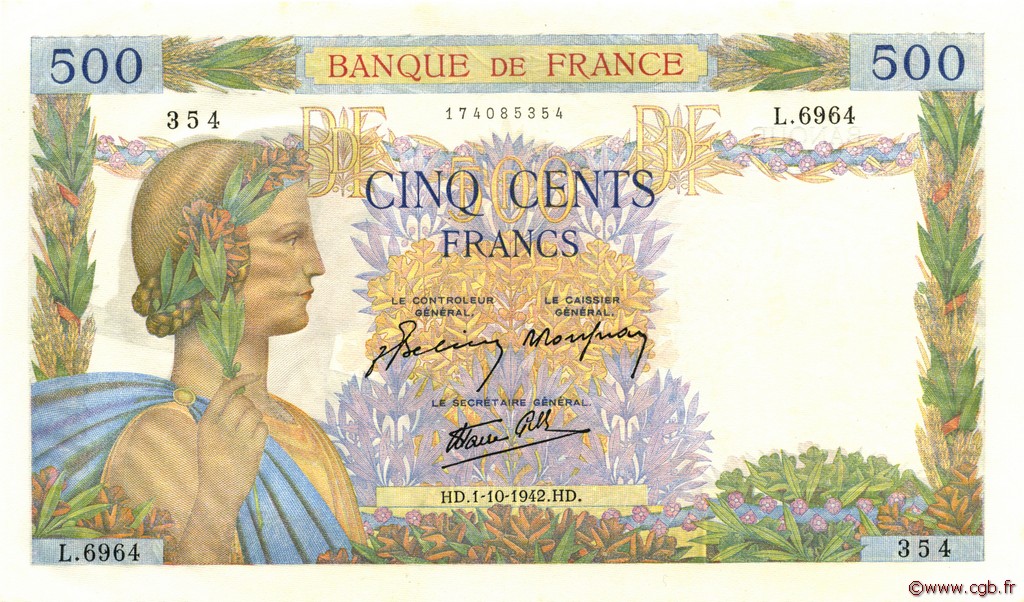 500 Francs LA PAIX FRANKREICH  1942 F.32.41 ST