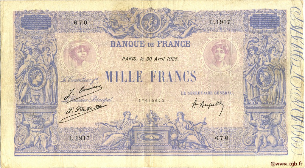 1000 Francs BLEU ET ROSE FRANCIA  1925 F.36.41 BB