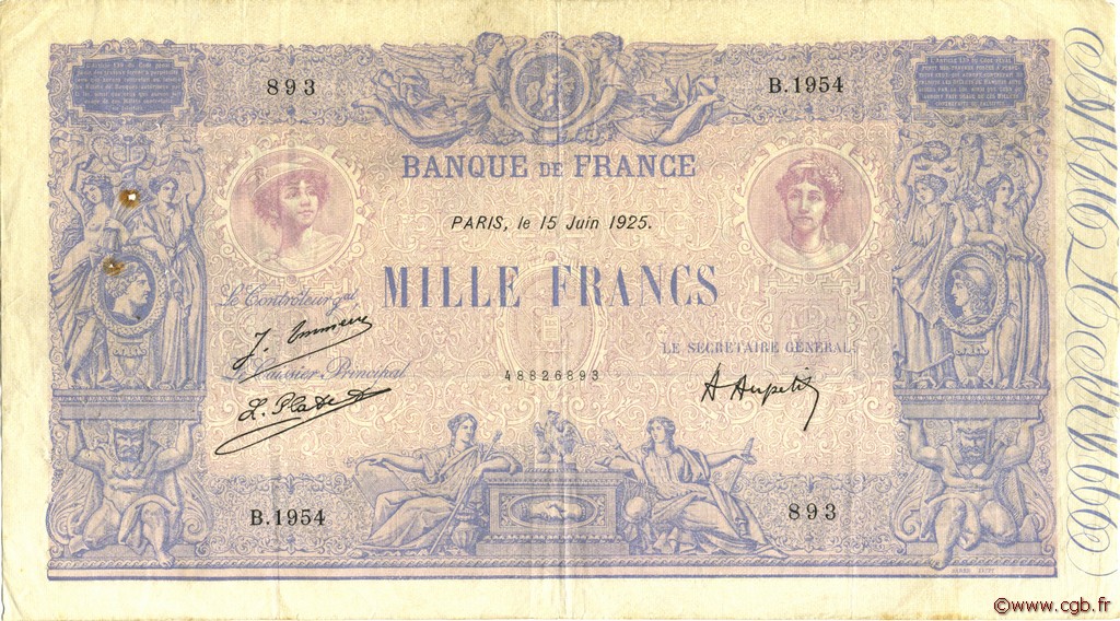 1000 Francs BLEU ET ROSE FRANKREICH  1925 F.36.41 SS