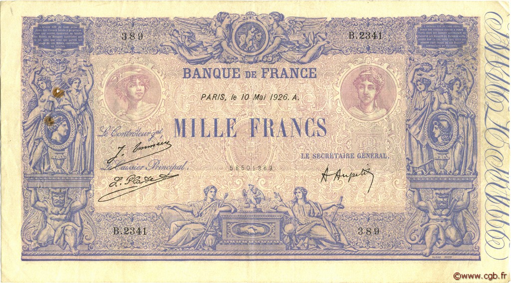 1000 Francs BLEU ET ROSE FRANKREICH  1926 F.36.42 fVZ