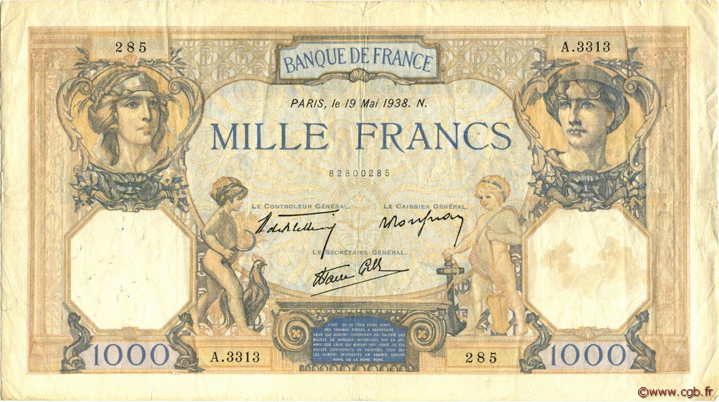 1000 Francs CÉRÈS ET MERCURE type modifié FRANKREICH  1938 F.38.15 S