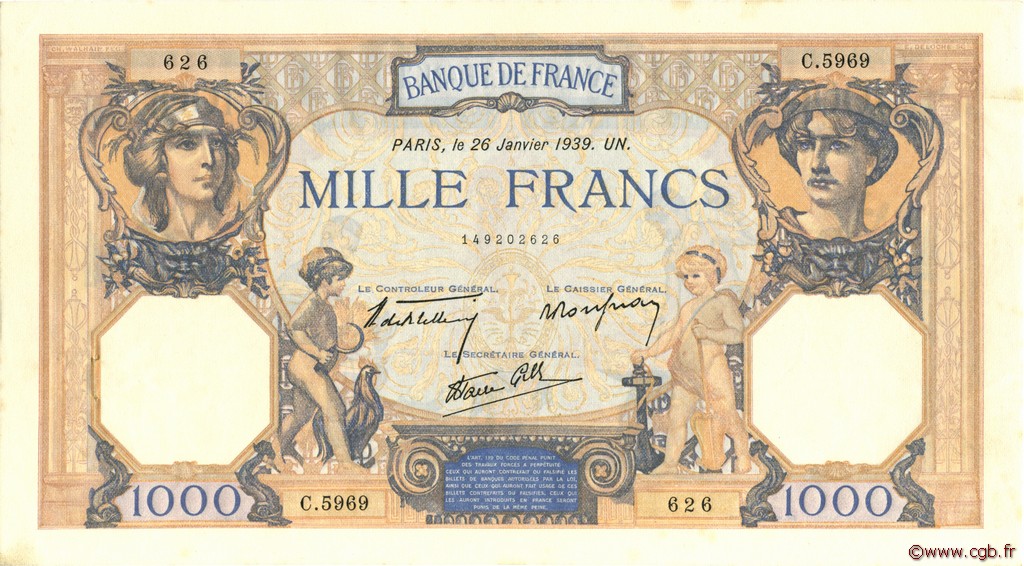 1000 Francs CÉRÈS ET MERCURE type modifié FRANCIA  1939 F.38.33 EBC a SC