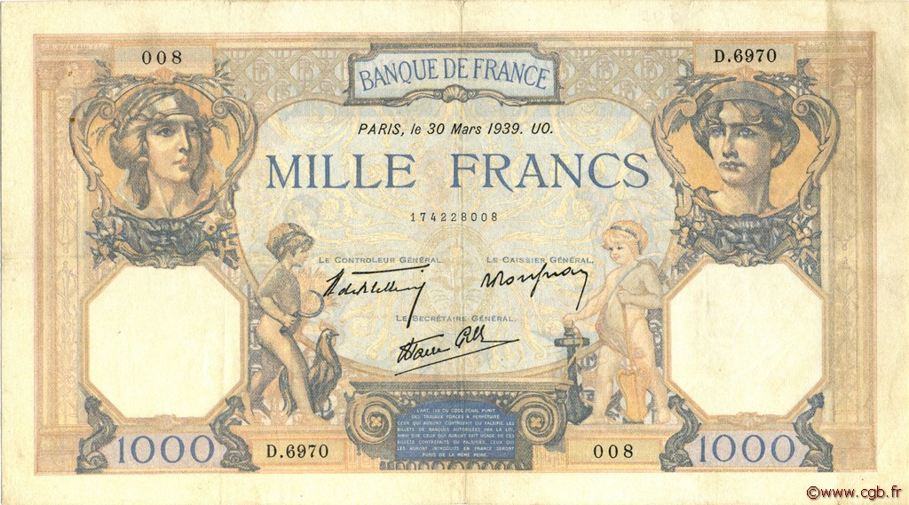 1000 Francs CÉRÈS ET MERCURE type modifié FRANCE  1939 F.38.35 VF