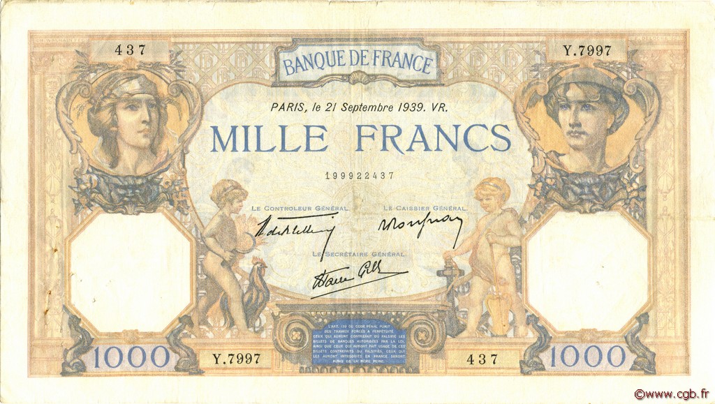 1000 Francs CÉRÈS ET MERCURE type modifié FRANCIA  1939 F.38.37 BB