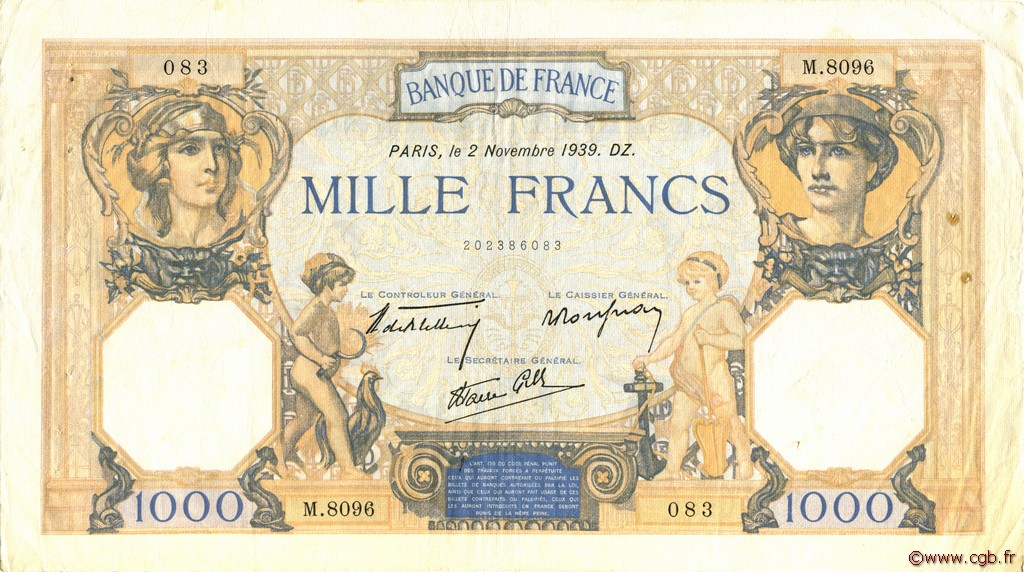 1000 Francs CÉRÈS ET MERCURE type modifié FRANCE  1939 F.38.38 VF+