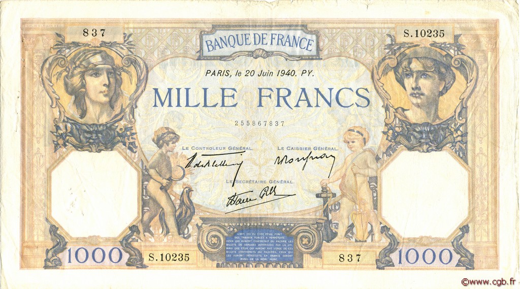 1000 Francs CÉRÈS ET MERCURE type modifié FRANCE  1940 F.38.49 VF