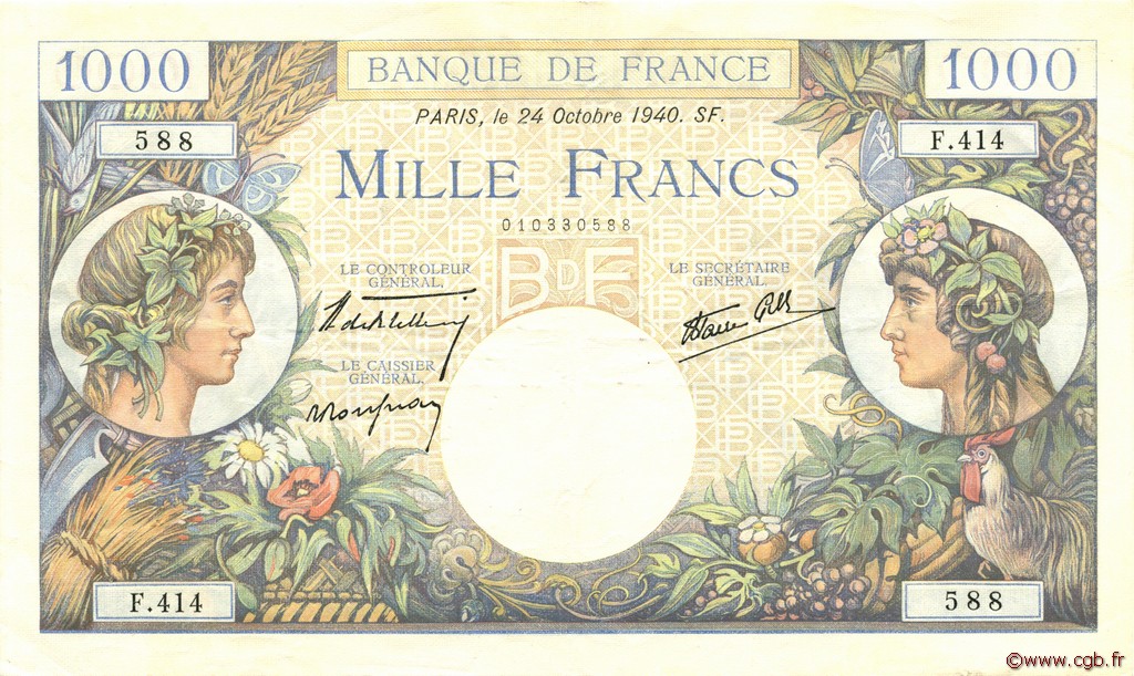 1000 Francs COMMERCE ET INDUSTRIE FRANCE  1940 F.39.01 VF+