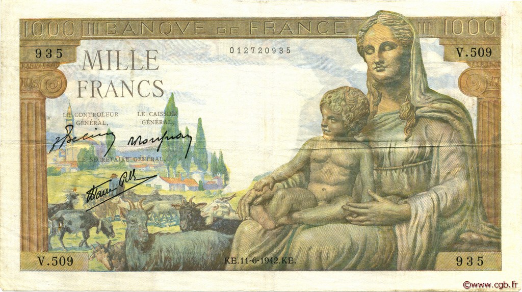 1000 Francs DÉESSE DÉMÉTER FRANCIA  1942 F.40.02 MBC