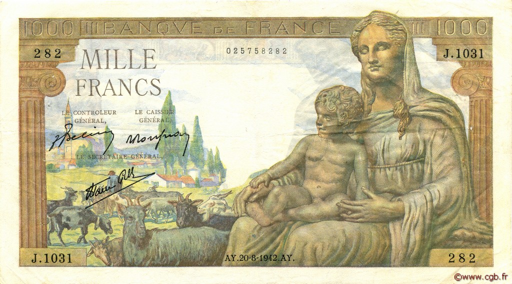 1000 Francs DÉESSE DÉMÉTER FRANCE  1942 F.40.05 VF