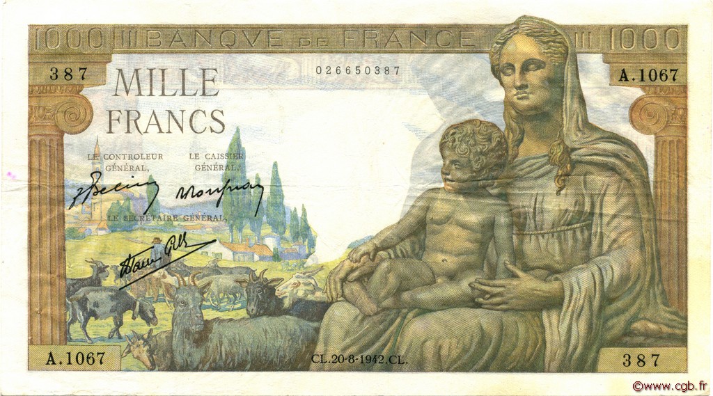 1000 Francs DÉESSE DÉMÉTER FRANCIA  1942 F.40.05 MBC