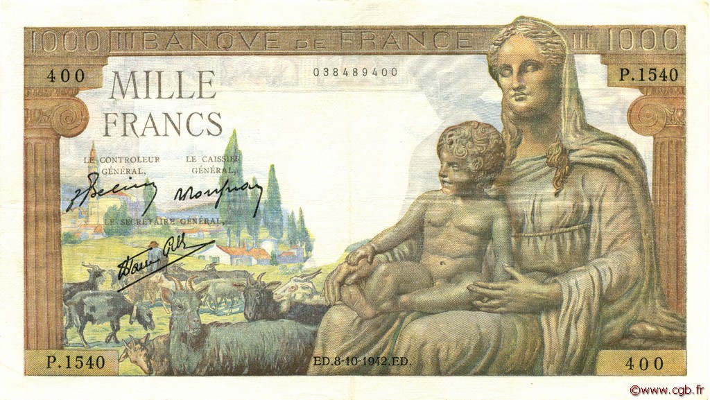 1000 Francs DÉESSE DÉMÉTER FRANCIA  1942 F.40.08 MBC