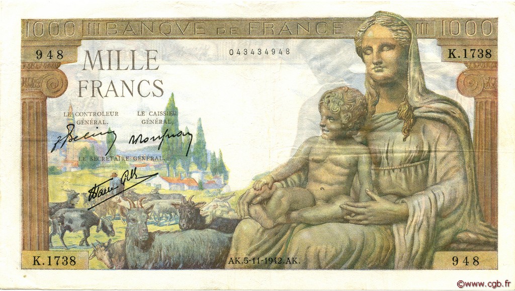 1000 Francs DÉESSE DÉMÉTER FRANCE  1942 F.40.10 VF