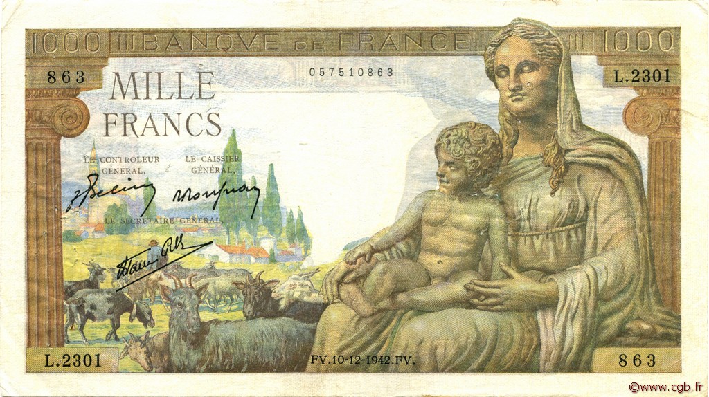 1000 Francs DÉESSE DÉMÉTER FRANCE  1942 F.40.13 F+
