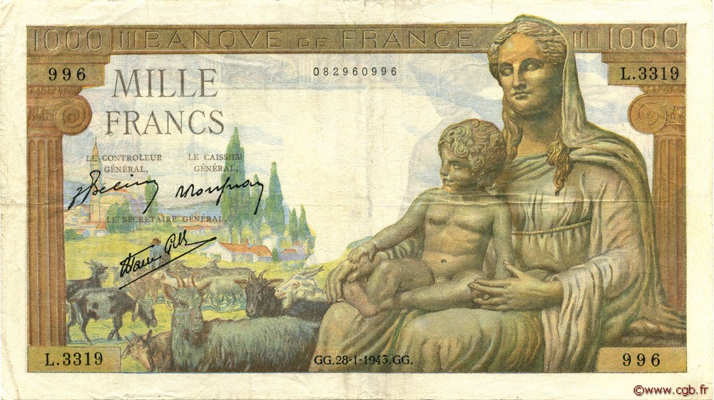 1000 Francs DÉESSE DÉMÉTER FRANCE  1943 F.40.17 F+