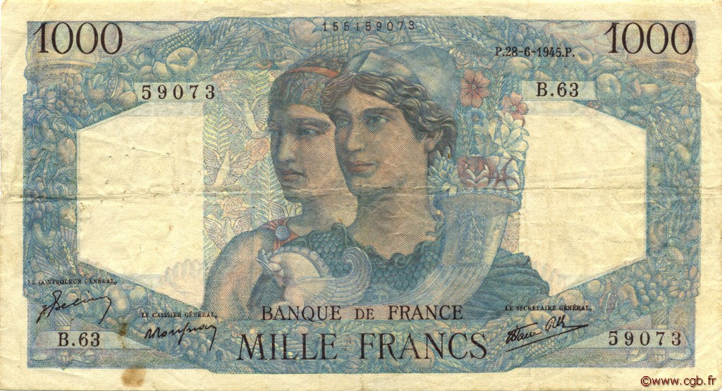 1000 Francs MINERVE ET HERCULE FRANCIA  1945 F.41.05 BC