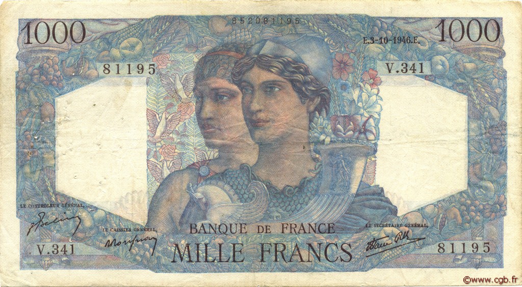 1000 Francs MINERVE ET HERCULE FRANCE  1946 F.41.17 F+