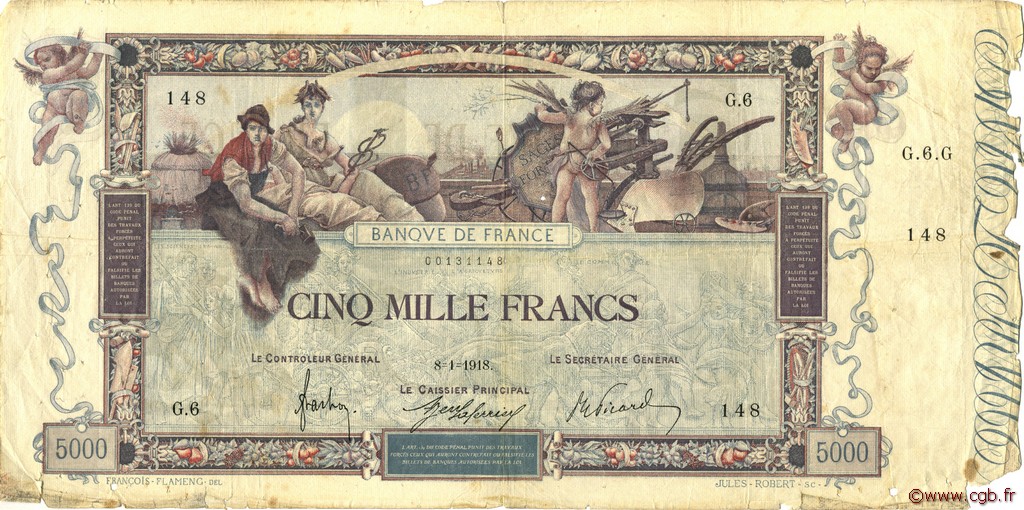 5000 Francs FLAMENG FRANKREICH  1918 F.43.01 SGE