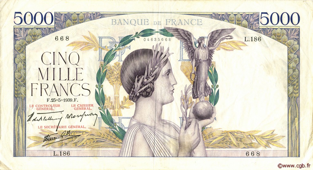 5000 Francs VICTOIRE Impression à plat FRANCIA  1939 F.46.06 BB