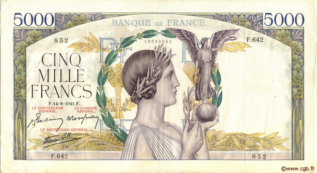 5000 Francs VICTOIRE Impression à plat FRANCIA  1941 F.46.25 BB