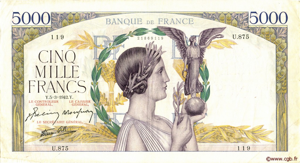 5000 Francs VICTOIRE Impression à plat FRANCIA  1942 F.46.34 BB