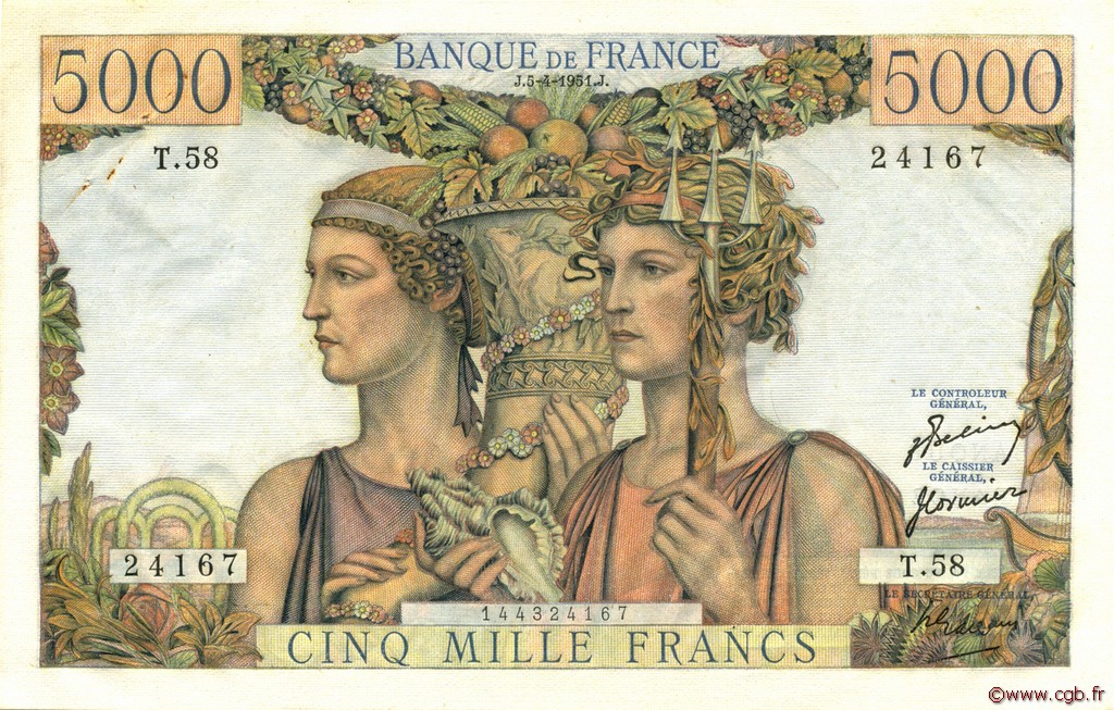 5000 Francs TERRE ET MER FRANCE  1951 F.48.04 XF+