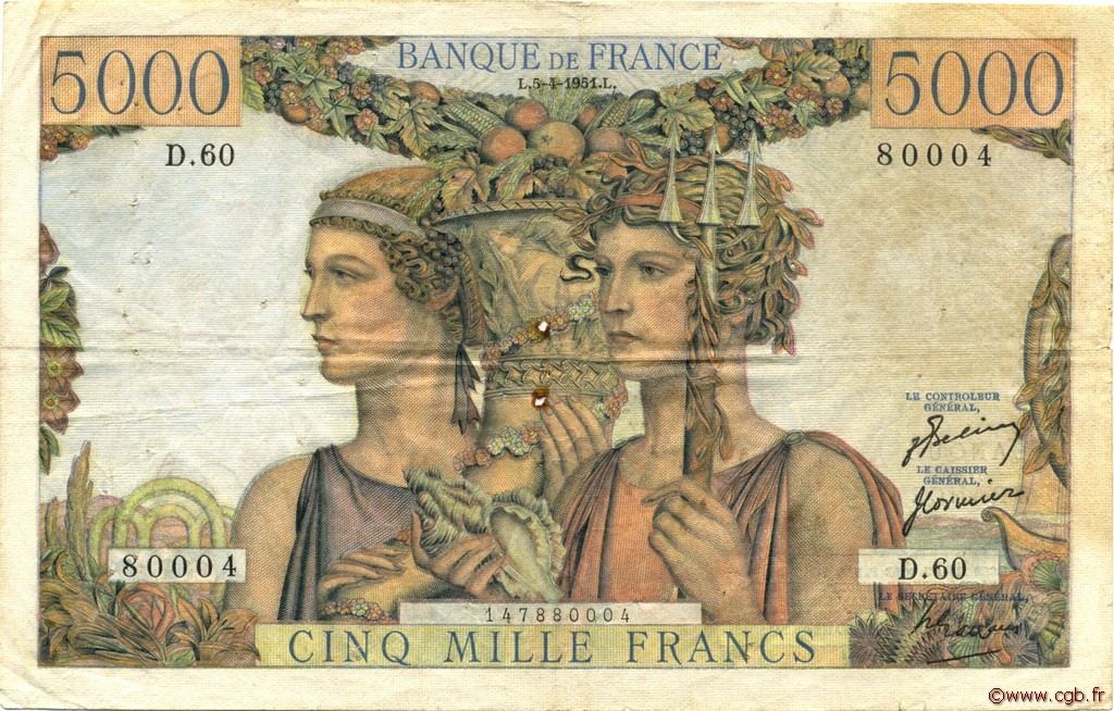 5000 Francs TERRE ET MER FRANKREICH  1951 F.48.04 fS