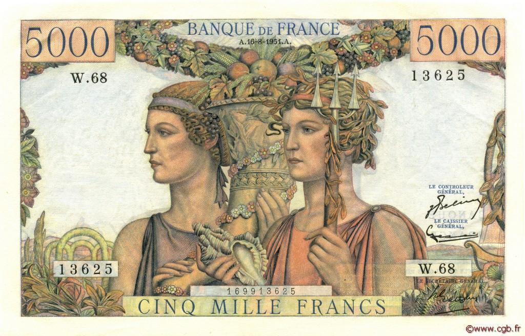 5000 Francs TERRE ET MER FRANKREICH  1951 F.48.05 fST+