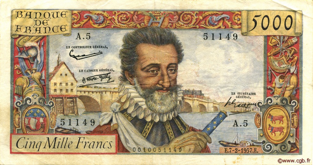 5000 Francs HENRI IV FRANCIA  1957 F.49.01 MBC