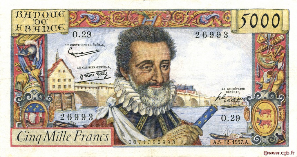 5000 Francs HENRI IV FRANCE  1957 F.49.04 VF+