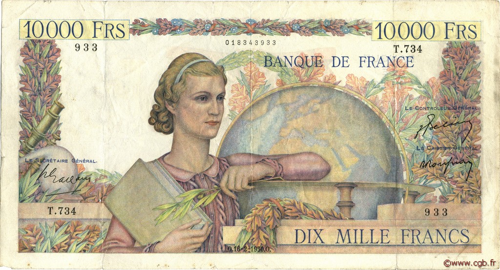 10000 Francs GÉNIE FRANÇAIS FRANCIA  1950 F.50.31 q.BB