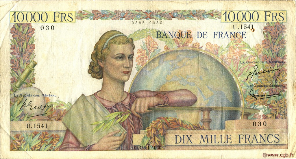 10000 Francs GÉNIE FRANÇAIS FRANCE  1951 F.50.51 F+